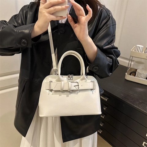 Borsa A Mano Da Donna In Pelle PU Lucida Retro Borsa A Tracolla Con Fibbia Di Cintura Elegante Minimalista