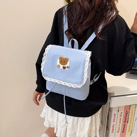 Zainetto Vintage In Pelle PU Con Bordo In Pizzo Toppa Con Orsetto Carino Decorazione Bottone A Cuore Stile Kawaii