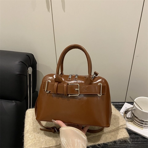 Borsa A Mano Da Donna In Pelle PU Lucida Retro Borsa A Tracolla Con Fibbia Di Cintura Elegante Minimalista
