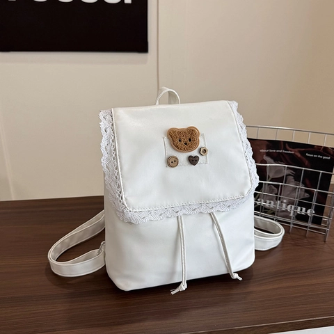 Zainetto Vintage In Pelle PU Con Bordo In Pizzo Toppa Con Orsetto Carino Decorazione Bottone A Cuore Stile Kawaii