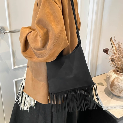 Women Faux Suede Tassel Shoulder Bag Bohemian Large Capacity Fringe Crossbody Handbag Vintage Retro Style