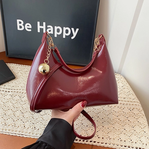 Damen Hobo Tasche Aus Glänzendem PU Leder Halbmond Unterachsel Umhängetasche Mit Goldener Kugel Elegant Chic Alltag