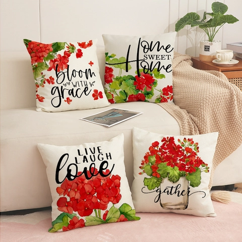 Taie d'Oreiller en Lin Ferme Imprimé Floral Géranium Rouge Carré Avec Fermeture Éclair Invisible Pour Décoration Maison