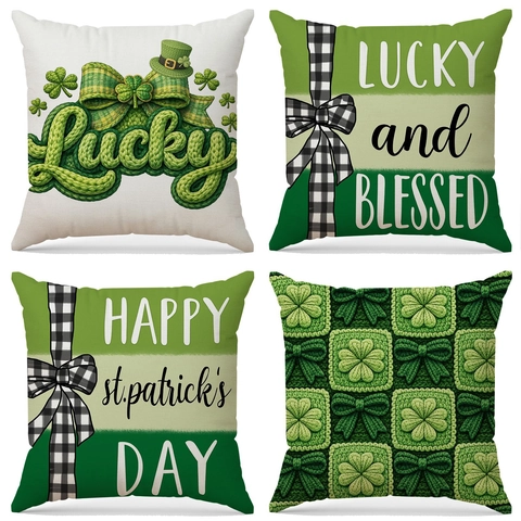 Funda de Almohada de Lino para el Día de San Patricio Trébol Verde Patrón Lucky Funda de Cojín Decorativa para Hogar Sofá