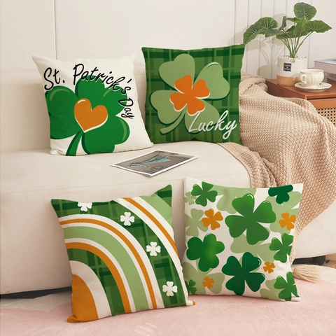 Funda De Cojín Decorativa San Patricio Estampado Trébol Suerte Lino Verde Para Sofá Salón Decoración Hogar