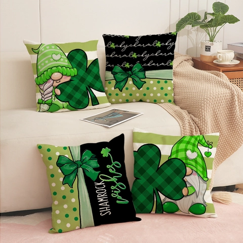 St Patrick's Day Pillowcases Linen Blend Cushion Covers With Nordic Gnome Shamrock Clover Print For Home Sofa Decorative