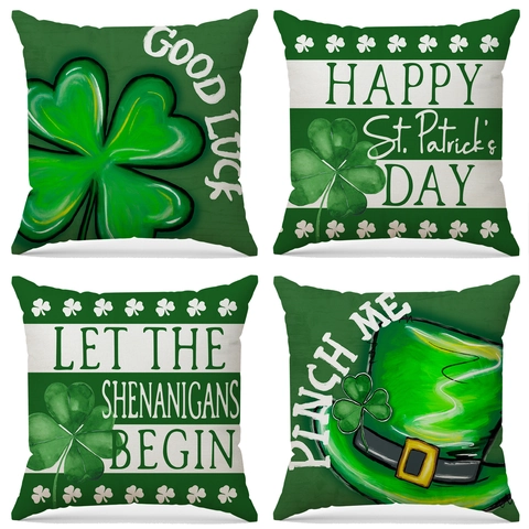 St Patricks Day Leinen Kissenbezug Kleeblatt Vierblättriges Kleeblatt Dekorativer Kissenbezug Grün Glück Home Dekor