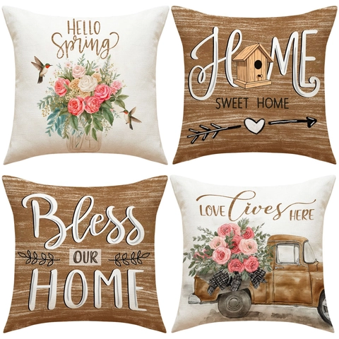 Frühling Blumen Kolibri Leinen Kissenbezug Vintage LKW Brief Druck Deko Kissenhülle Für Sofa Home Decor 45x45cm