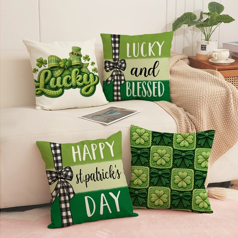 Funda de Almohada de Lino para el Día de San Patricio Trébol Verde Patrón Lucky Funda de Cojín Decorativa para Hogar Sofá