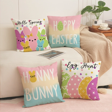 Easter Rabbit Egg Print Linen Pillowcase Decorative Throw Cushion Cover For Sofa Living Room Holiday Home Decor Without Insert