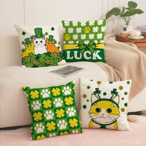 Funda de Almohada Decorativa de Lino Día de San Patricio Trébol Gato Verde Decoración de Cojín de Sofá del Hogar