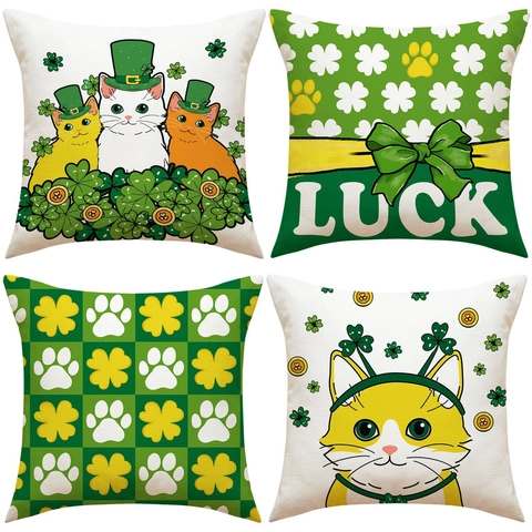 Funda de Almohada Decorativa de Lino Día de San Patricio Trébol Gato Verde Decoración de Cojín de Sofá del Hogar