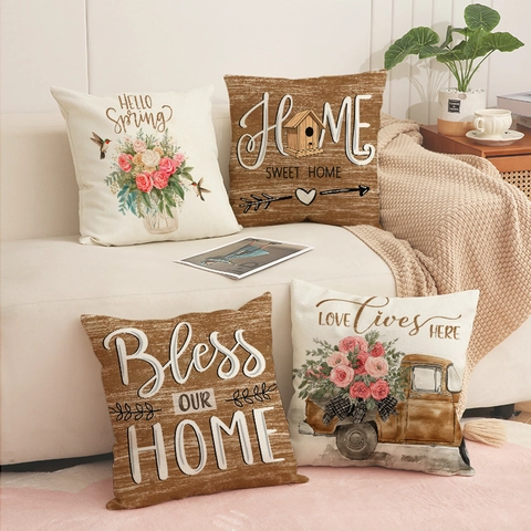 Frühling Blumen Kolibri Leinen Kissenbezug Vintage LKW Brief Druck Deko Kissenhülle Für Sofa Home Decor 45x45cm