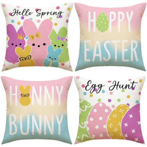 Easter Rabbit Egg Print Linen Pillowcase Decorative Throw Cushion Cover For Sofa Living Room Holiday Home Decor Without Insert