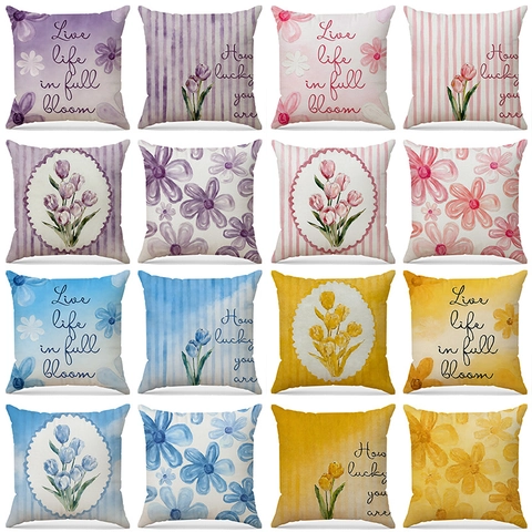 Federe Per Cuscini Floreali Misto Poliestere Lino Copricuscini Decorativi Motivo Tulipani Acquerello Citazioni Ispiratrici Per Arredamento Divano