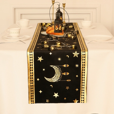 Runner da Tavolo in Velluto Con Lune E Stelle Bronzate in Oro Vintage Decorazione Ramadan Eid Lussuosa Tovaglia in Poliestere per Matrimonio Festa Casa 36x180cm