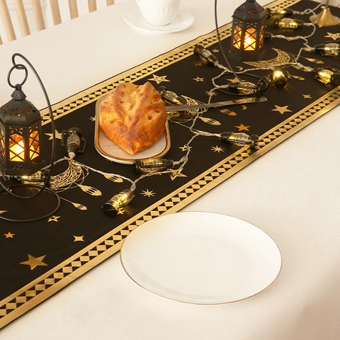 Runner da Tavolo in Velluto Con Lune E Stelle Bronzate in Oro Vintage Decorazione Ramadan Eid Lussuosa Tovaglia in Poliestere per Matrimonio Festa Casa 36x180cm