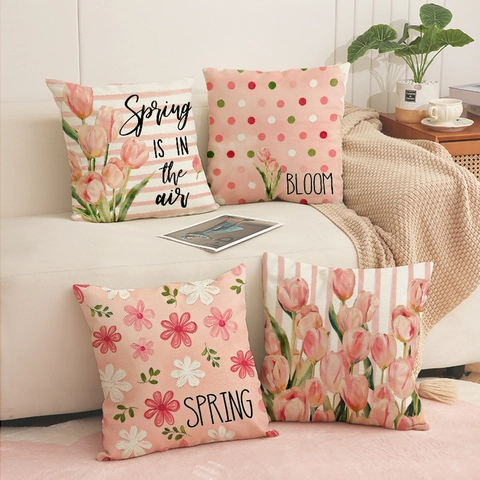 Federe Per Cuscini Decorative Stampa Tulipani Poliestere Lino Tema Primavera Per Divano Soggiorno