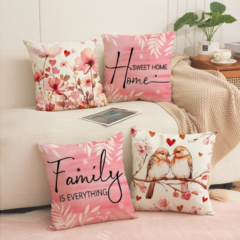 Nordic Style Spring Floral Decorative Pillow Covers Polyester Faux Linen Cushion Case For Sofa Couch Home Decor Family Love Theme