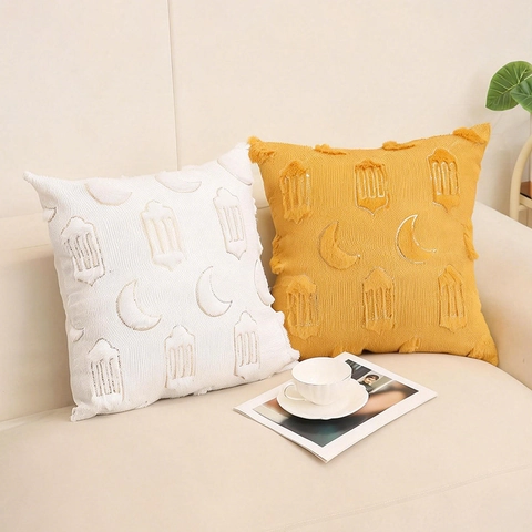 Middle East Style Moon Lantern Sequin Embroidery PV Velvet Cushion Cover Soft Plush Sofa Pillowcase For Ramadan Eid Home Decor