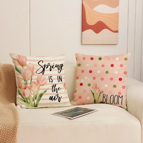 Federe Per Cuscini Decorative Stampa Tulipani Poliestere Lino Tema Primavera Per Divano Soggiorno