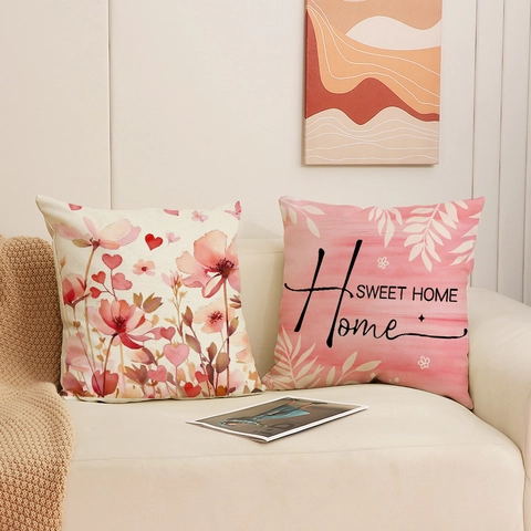 Nordic Style Spring Floral Decorative Pillow Covers Polyester Faux Linen Cushion Case For Sofa Couch Home Decor Family Love Theme