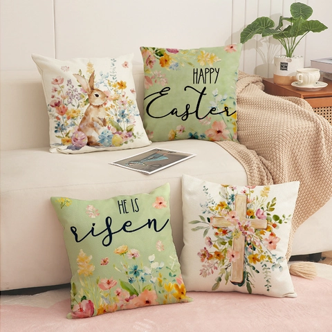 Osterhase Blumen Kissenbezug Leinenimitat Kissenhülle Für Sofa Home Decor Aquarell Kaninchen Kreuz Muster Quadratischer Kissenbezug Happy Easter Deko Kissenhülle