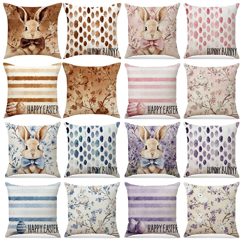 Easter Rabbit Linen Blend Cushion Cover Watercolor Bunny Egg Print Decorative Pillowcase For Home Sofa Living Room Gift