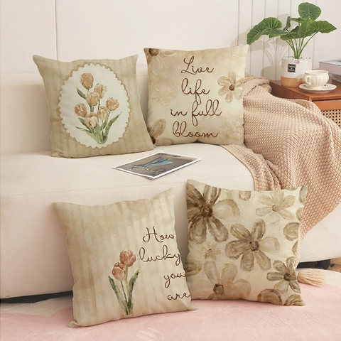 Vintage Blumen Leinenoptik Kissenbezug Polyester Deko Kissenhülle Sofa Rustikaler Tulpen Muster Dekokissenbezug