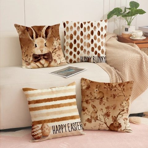 Easter Rabbit Linen Blend Cushion Cover Watercolor Bunny Egg Print Decorative Pillowcase For Home Sofa Living Room Gift