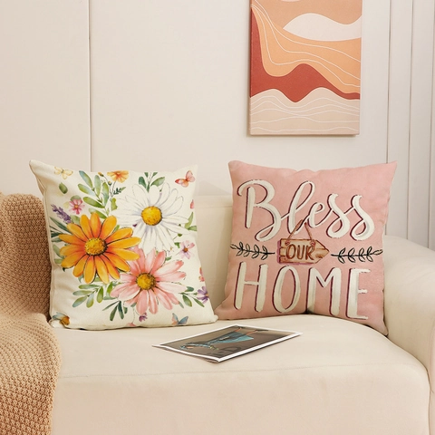 Pastoral Gänseblümchen Blume Schmetterling Druck Kissenbezug Leinenimitat Home Sweet Home Buchstabe Weich Polyester Quadrat Kissenhülle Sofa Deko