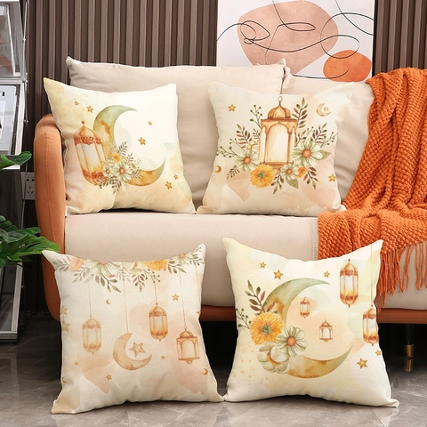 Ramadan Watercolor Moon Lantern Linen Cushion Cover Square Decorative Pillowcase For Sofa Living Room Bed Office Home Decor