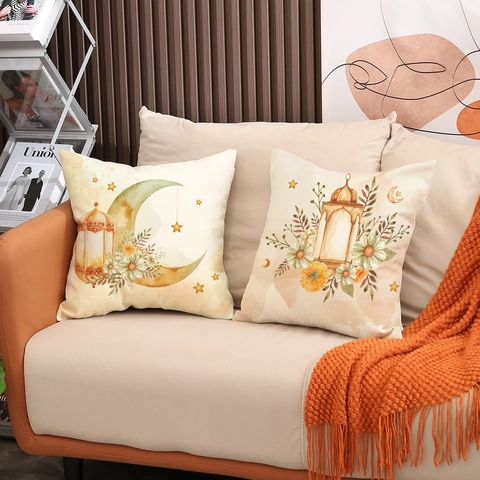 Ramadan Watercolor Moon Lantern Linen Cushion Cover Square Decorative Pillowcase For Sofa Living Room Bed Office Home Decor