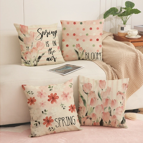 Hand Painted Tulip Floral Throw Pillow Case Linen Look Polyester Square Cushion Cover For Sofa Living Room Decor Spring Is In The Air Bloom
