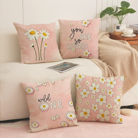Funda de Almohada Decorativa de Margarita Rosa Aspecto Lino Poliester Funda de Cojín Para Sofá Hogar Sala de Estar Dormitorio