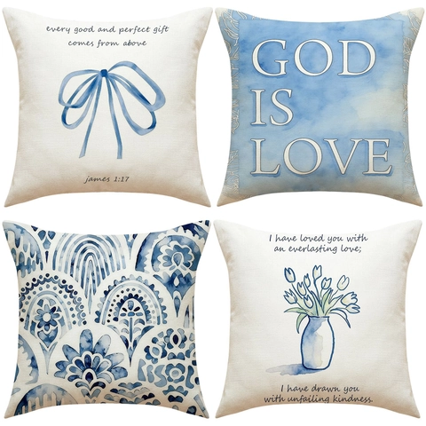 Blue Linen Decorative Cushion Covers Square Throw Pillowcases For Sofa Couch Modern Watercolor Flowers Bible Verses Printed