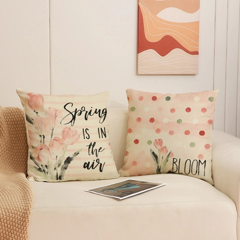 Hand Painted Tulip Floral Throw Pillow Case Linen Look Polyester Square Cushion Cover For Sofa Living Room Decor Spring Is In The Air Bloom