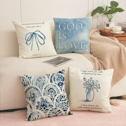 Blue Linen Decorative Cushion Covers Square Throw Pillowcases For Sofa Couch Modern Watercolor Flowers Bible Verses Printed