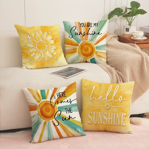 Summer Sunshine Sunflower Pattern Linen Blend Pillowcases Decorative Square Cushion Covers For Sofa Living Room Home Decor