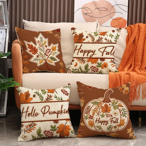 Herfst Oogst Kussensloop Faux Linnen Decoratieve Sierkussenhoes Met Pompoen Esdoornblad Borduurstijl Voor Thanksgiving Huis Decor Bank