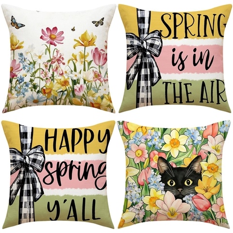 Nordic Spring Floral Throw Pillow Cover Faux Linen Decorative Cushion Case Flower Black Cat Print Sofa Square Pillowcase