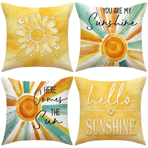 Summer Sunshine Sunflower Pattern Linen Blend Pillowcases Decorative Square Cushion Covers For Sofa Living Room Home Decor