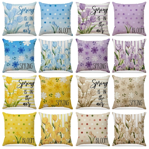 Spring Floral Tulip Daisy Linen Look Throw Pillow Cover Decorative Square Cushion Case For Sofa Home Living Room Decor