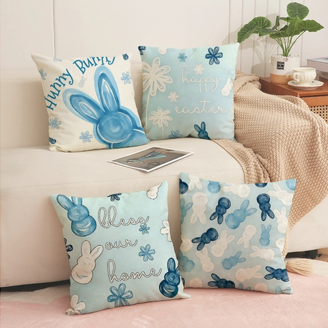 Easter Rabbit Print Linen Blend Cushion Cover Cute Bunny Floral Throw Pillow Case For Home Sofa Decor