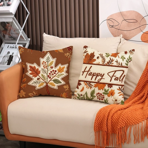 Herfst Oogst Kussensloop Faux Linnen Decoratieve Sierkussenhoes Met Pompoen Esdoornblad Borduurstijl Voor Thanksgiving Huis Decor Bank