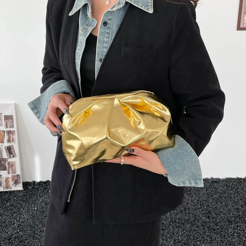 Borsa Clutch Nuvola Pieghettata In Pelle PU Metallizzata Pochette Dumpling Per Feste Serali Da Donna