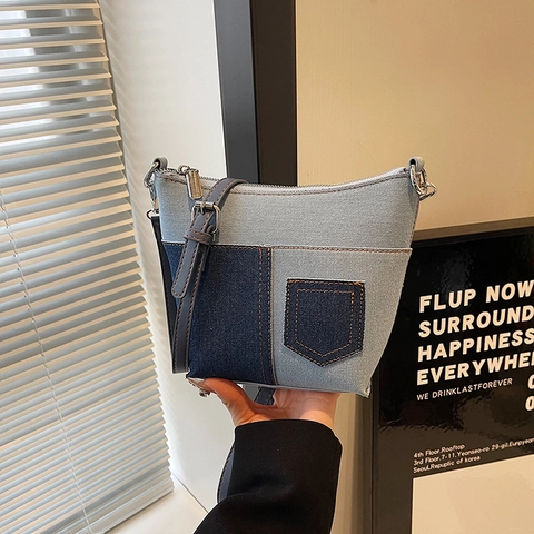 Fashion Stitching Shoulder Bag Women Large Capacity Denim Patchwork Crossbody Bucket Bag Minimalist PU Leather Daily Tote