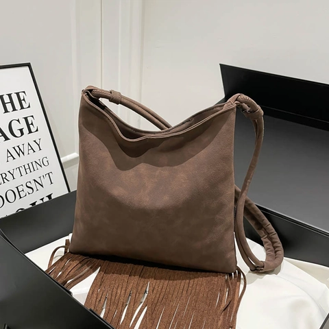 Women Minimalist Faux Suede PU Leather Shoulder Tote Bag With Tassels Large Capacity Solid Color Winter Hobo Bag Handbag