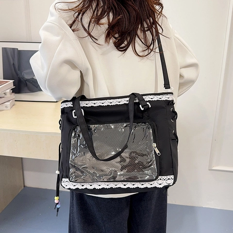 Ita Bag Tote Damen Nylon Große Kapazität Transparentes Fenster Schulterhandtasche Mit Spitzenbesatz Und Bunten Perlen