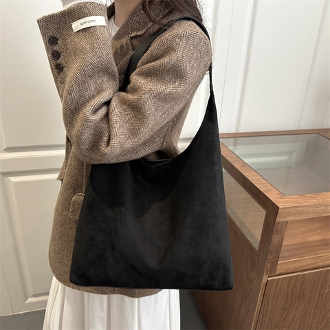 Women Large Capacity Hobo Shoulder Bag And Small Pouch Faux Suede Minimalist Retro Commuter Tote Handbag Polyester Lining